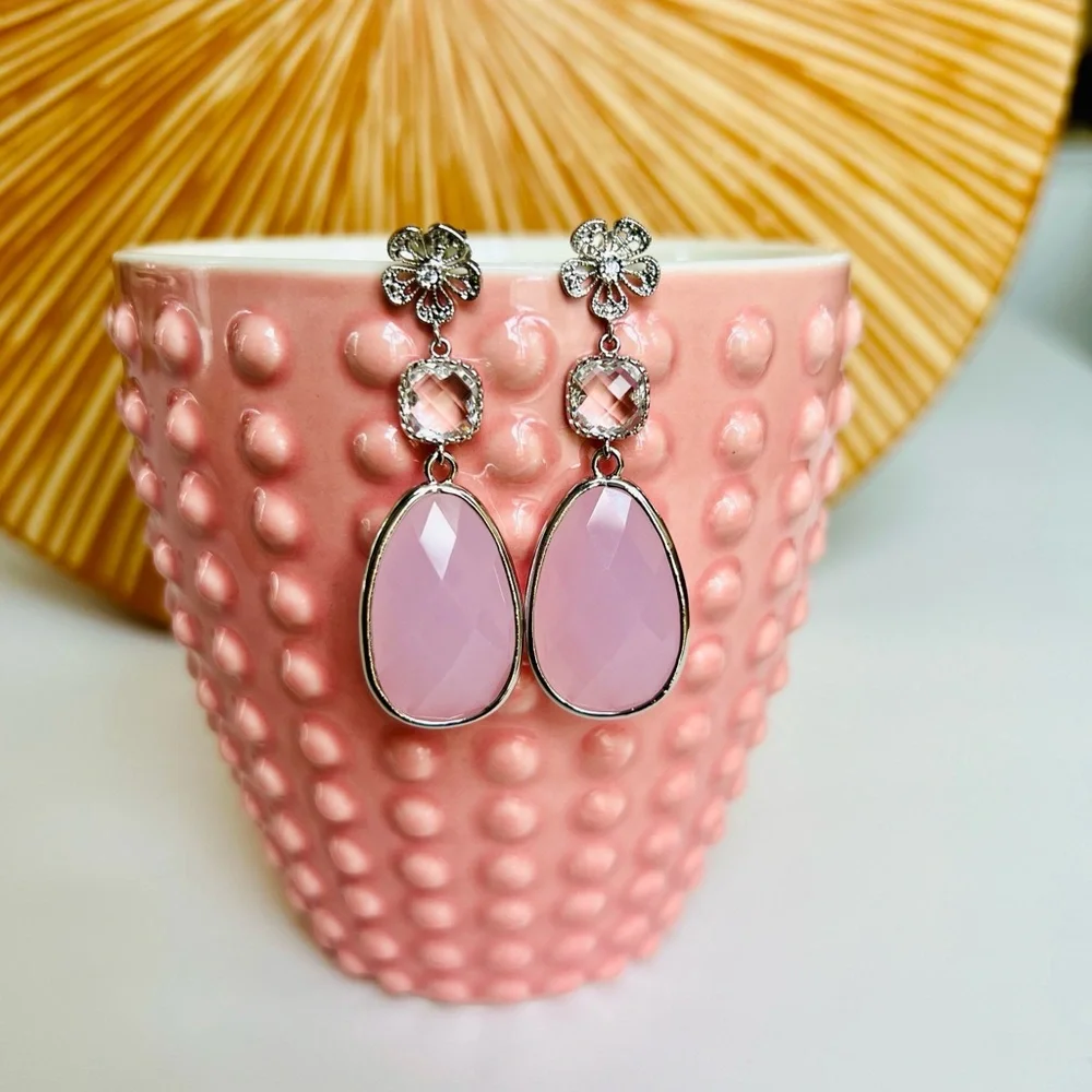 Handmade Silver Blush Pink Pendant Crystal Drop Earring